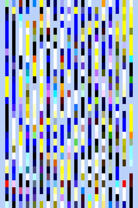 Multicolored abstract of parallel solid stripes of various colors and lengths on light blue