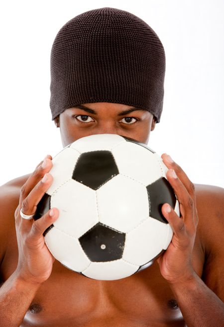 man with a football isolated over a white background