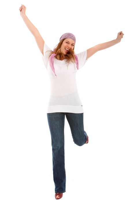 casual woman smiling full of joy ? isolated over a white background
