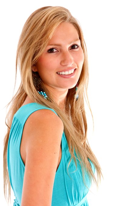 casual woman smiling isolated over a white background