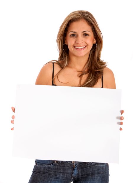 casual woman displaying a banner ad isolated over a white background