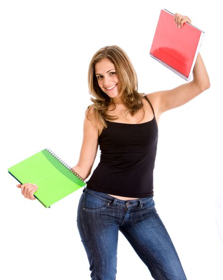 happy female student with notebooks isolated over a white background