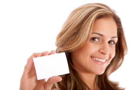 businesswoman showing her business card - isolated over a white background