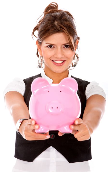 business woman showing her savings in a piggybank - isolated over a white background