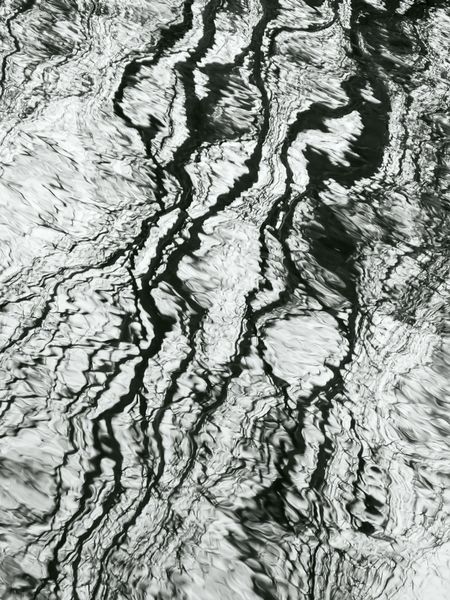 Aquatic abstract in autumn: Distorted reflection of bare trees on surface of stream, in black and white