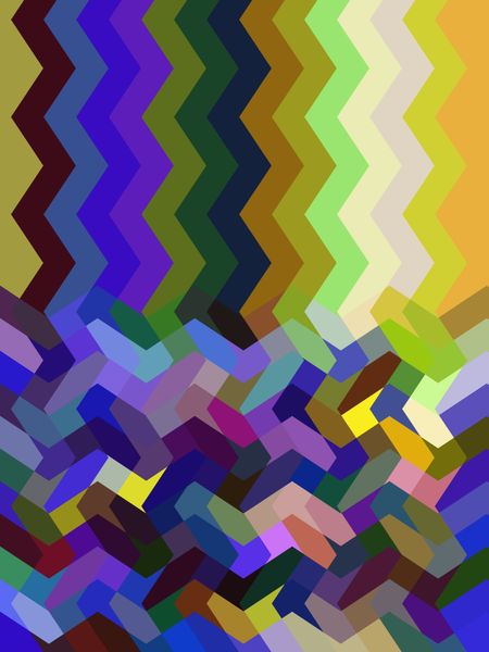 Multicolored compound abstract of zigzag stripes above a zigzag mosaic