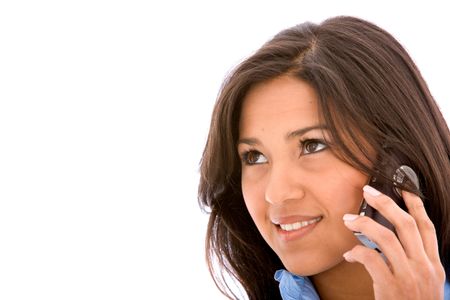 Business woman on the phone looking at the corner of the image - isolated