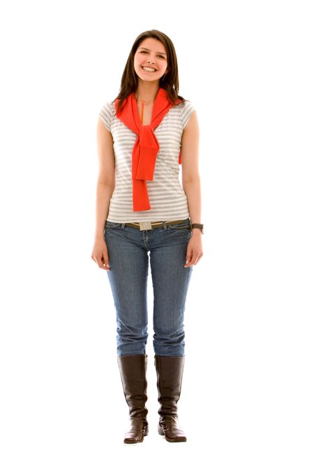 casual woman standing and smiling isolated over a white background