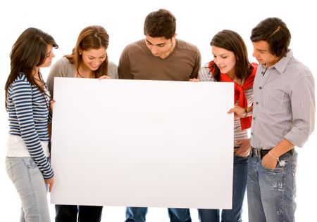 Group of people staring at a banner ad - isolated on white