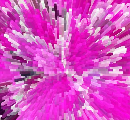 Modern metropolis with preponderance of pink: Geometric abstract of generic skyscrapers seen from the air, with radial three-dimensional effect