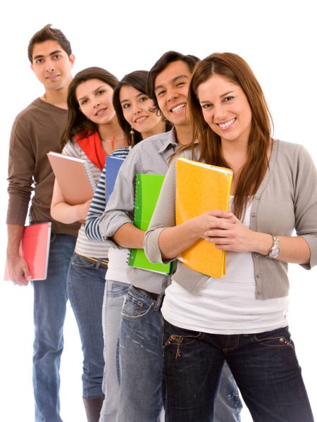 Group of students lined up holding notebooks isolated on a white background