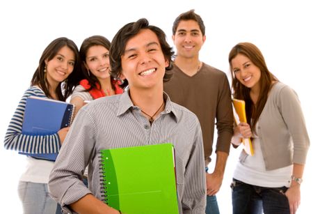 Male student standing in front of a group of friends - isolated