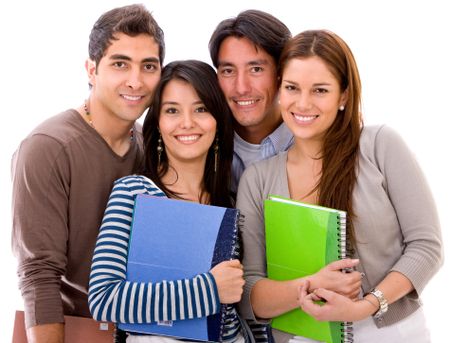 group of students smiling isolated over a white background