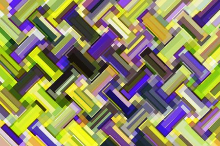 Kaleidoscopic multicolored abstract mosaic of rectangles and near-rectangles in a loosely zigzag pattern