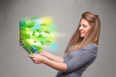 Casual young woman holding notebook with recycle and environmental symbols