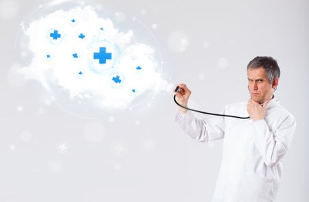 Proffesional doctor listening to abstract cloud with medical signs