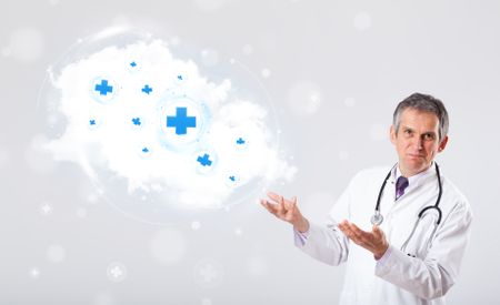 Proffesional doctor listening to abstract cloud with medical signs