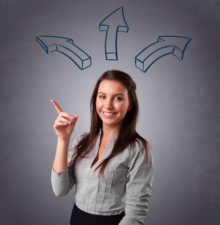 Beautiful young lady thinking with arrows overhead