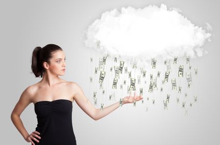 Woman with white cloud and money rain concept