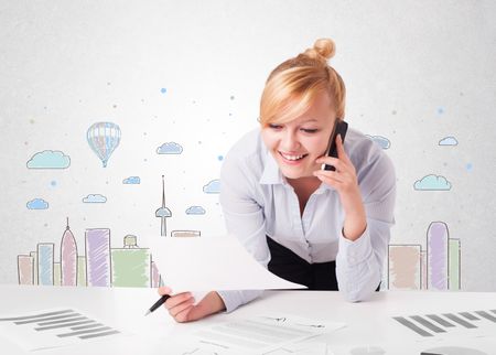 Attractive young businesswoman with colorful city sky-scape background