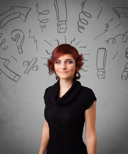 Cute young girl with question sign doodles on gradient background