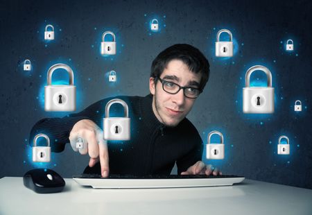  Young hacker with virtual lock symbols and icons on blue background