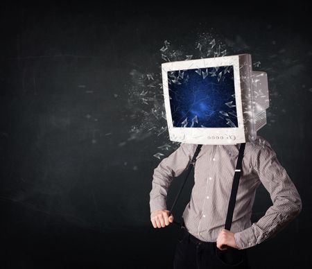 Computer monitor screen exploding on a young persons head concept