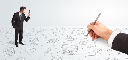 businessman-looking-hand-drawn-icons-symbols-241435282 Little businessman looking at hand drawn icons and symbols concept on background