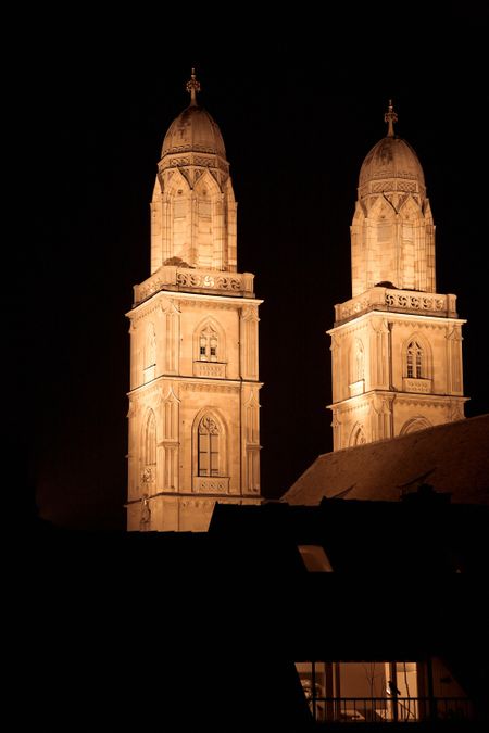 zurich cathedral at night beautifully illuminated