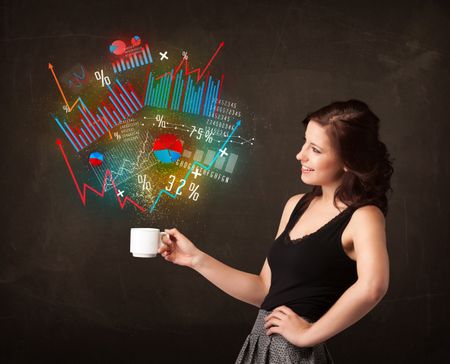 Businesswoman standing and holding a white cup with diagrams and graphs coming out of the cup