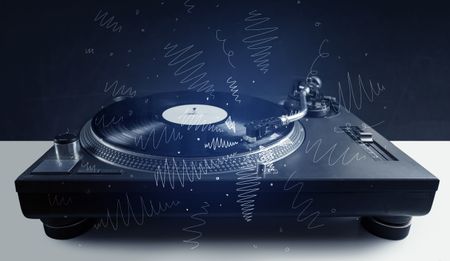 Turntable playing music with hand drawn cross lines concept on background