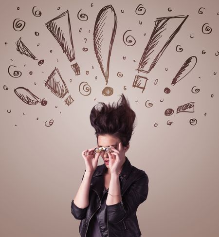 Young woman with hair style and hand drawn exclamation signs concept on background