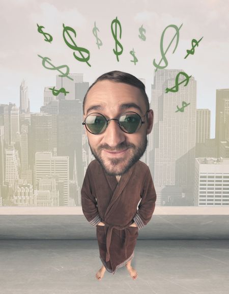Funny guy with big head and drawn dollar marks over it