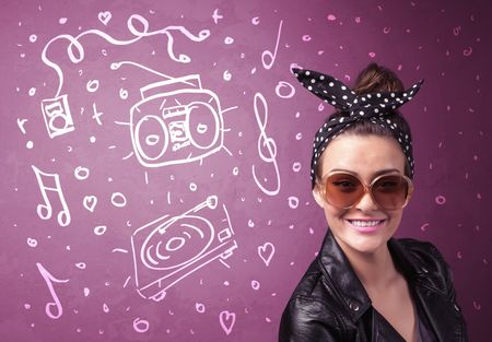 Happy funny woman with shades and hand drawn media icons concept on background