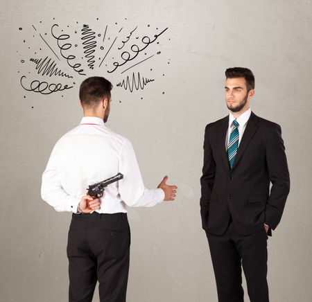 ruthless-businessman-handshake-hiding-weapon-drawn-241455583 Ruthless businessman handshake with a hiding weapon and drawn curly lines around his head