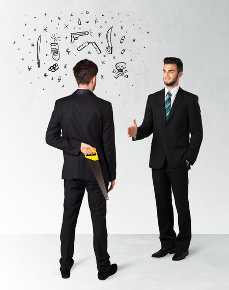 ruthless-businessman-handshake-hiding-weapon-weapon-241455595 Ruthless businessman handshake with hiding a weapon and weapon symbols around his head