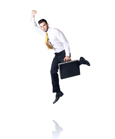 Businessman hanging on an isolated white background 