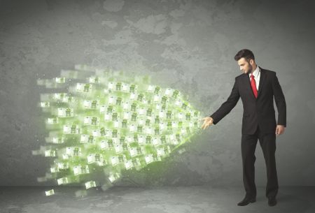 Young business person throwing money concept on background