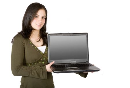 casual girl with a laptop over a white background