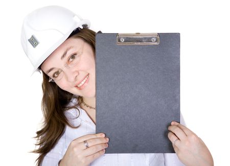 friendly female architect holding a folder up over a white background