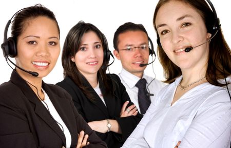customer service team led by a caucasian business woman over a white background