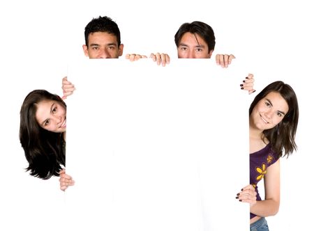 group of young people holding a white banner over a white background