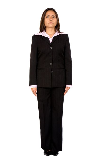 serious business woman standing firmly over a white background