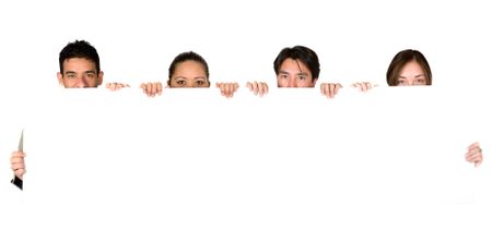 group of young people holding a white card