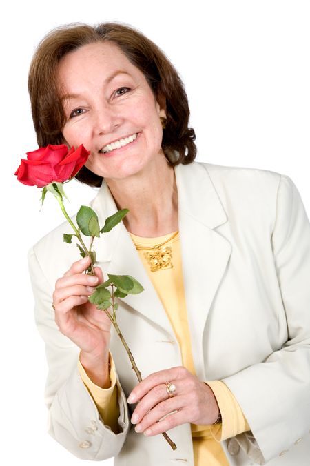 Business Woman holding a red rose over a white background