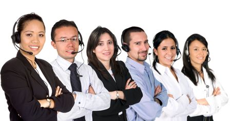 customer service team led by an asian business woman over a white background