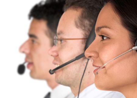 customer service team over white - focus on eyes of lady