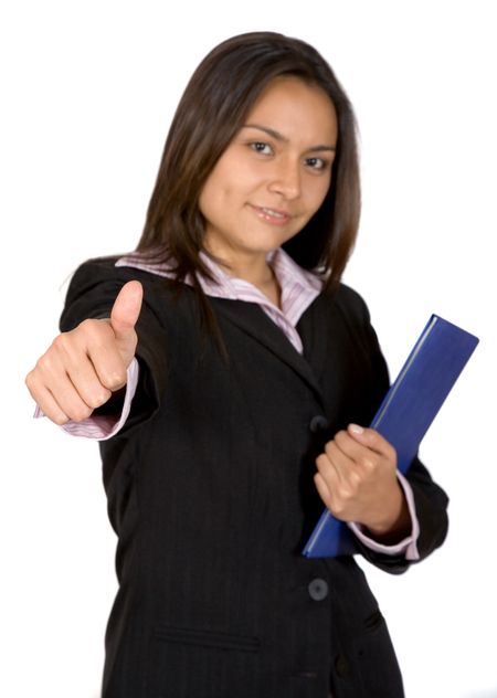 business woman thumbs up over a white background - focus is on hand