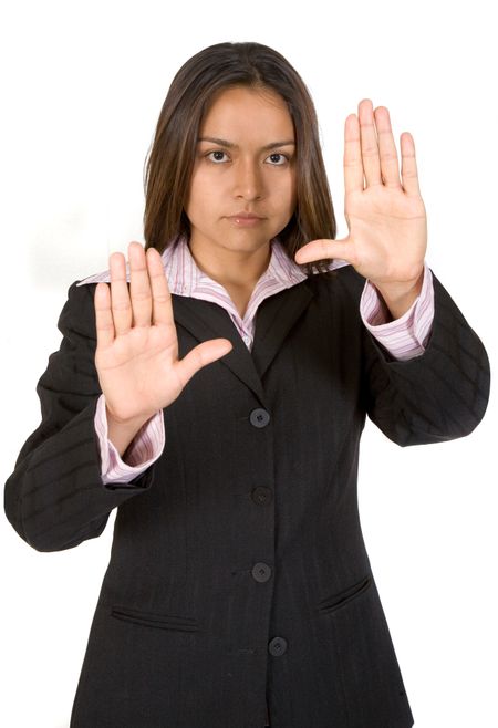 business woman hands on screen over a white background