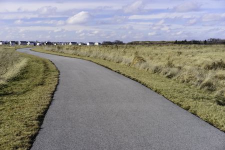 Prairie trail in winter: Wide paved path winding across a prairie preserve near a housing development on a winter day remarkable for lack of snow in northern Illinois, USA